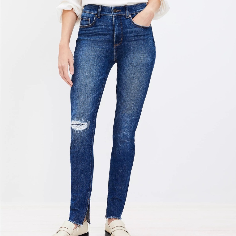 LOFT Petite Ankle Slit Fresh Cut High Rise Skinny Jeans in Dark Wash W/ Raw Hem